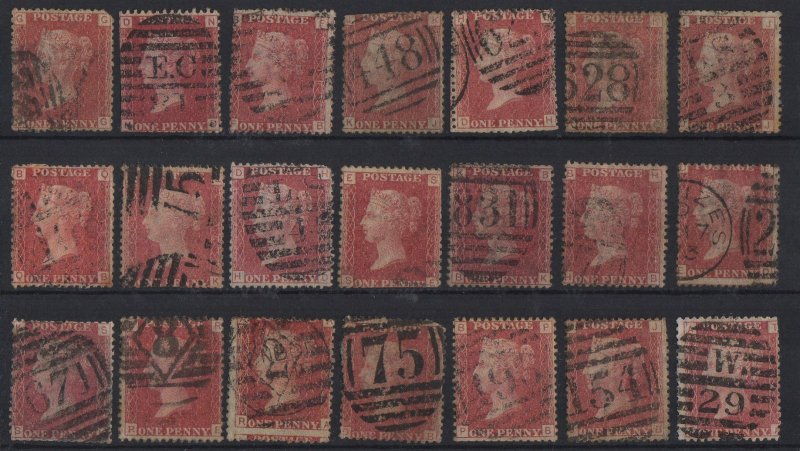 (M184) QV 1864-79,Sg43/44 A Selection of USED 1d red Plates. Unchecked