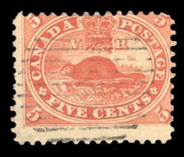 Canada #15 Cat$37.50, 1859 5c vermilion, used