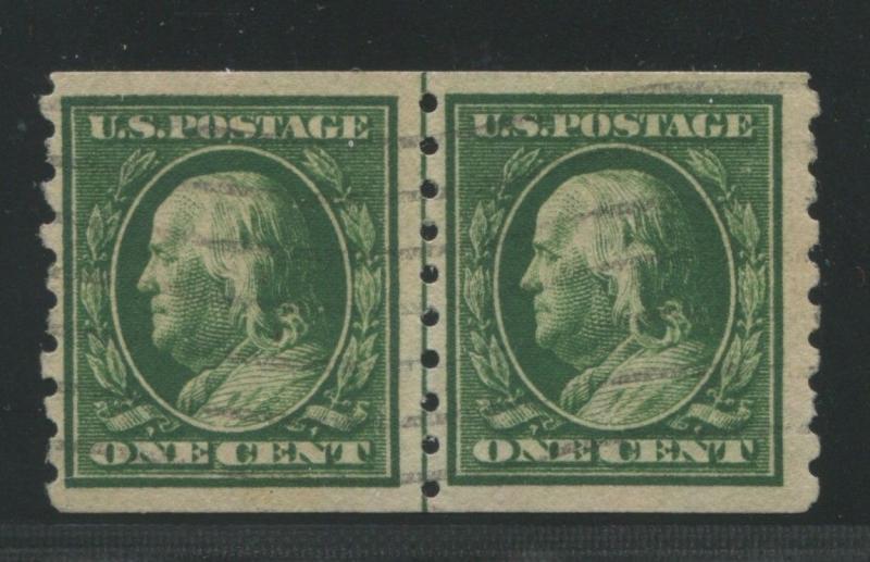 1910 US Coil Stamps #392 1c Used VF Grid Postal Cancel Guide Line Pair Certified 