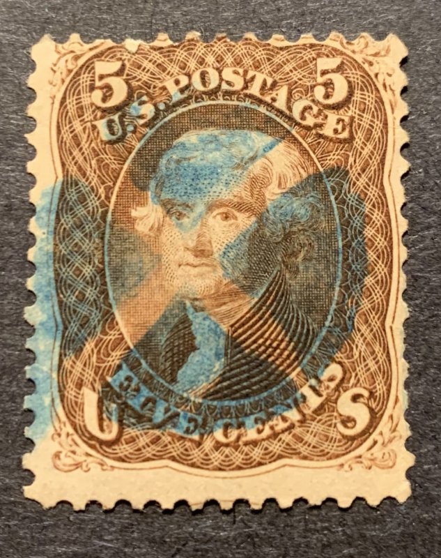#76 – 1863 5c Jefferson, brown. Used blue cancel.