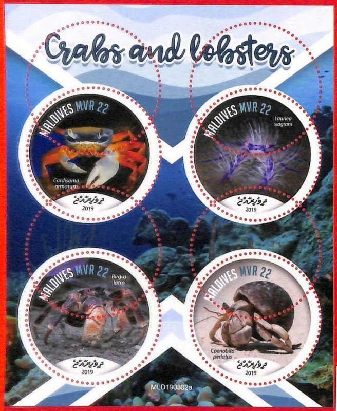 A4189 - MALDIVES - ERROR MISPERF. Miniature s: 2019 Crabs, Lobsters, Marine Life 