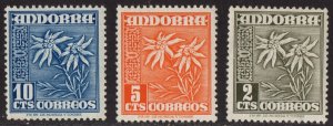 Thematic stamps SPANISH ANDORRA 1948 short set 3 Edelweiss sg.41/3 mint