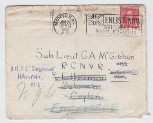 HMCS RCN cover to ** CEYLON ** redirected ENLIST NOW MARITIME MAIL  Canada cover