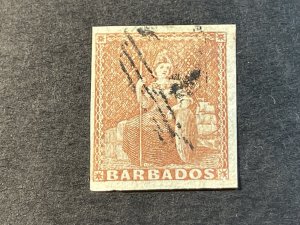 BARBADOS # 4-USED---SINGLE---BROWN RED---1855