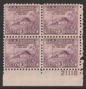 US 727 Washington's Headquarters at Newburgh 3c plate block 4 LR 21118 MNH 1933