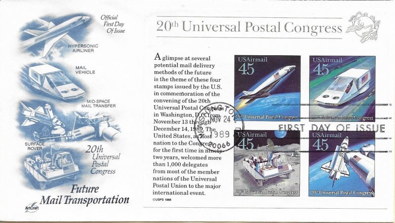 1989 Air Mail FDC, #C126, 45c Future Mail Transportation, Art Craft, block of 4