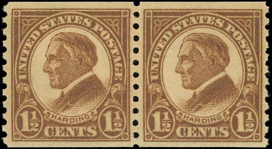 US Sc 598 VF+/MNH Coil Pair - 1925 1½¢ Harding - Pf 10 Vertically - See Descrip