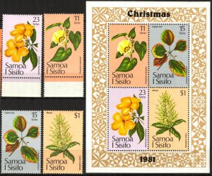 Samoa 1981 Flowers Christmas set of 4 + S/S MNH