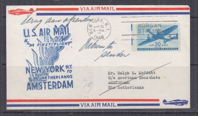 UNITED STATES, 1946 KLM First Flight Airmail cover, New York to Netherlands.