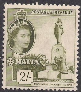 Malta 1956 - 58 QE2 2/-d H/V Olive Green  MM SG 278 ( J1450 )