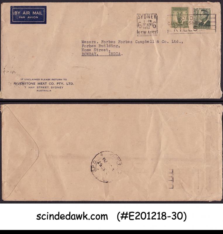 AUSTRALIA - 1952 AIR MAIL ENVELOPE TO BOMBAY INDIA WITH KGVI STAMP