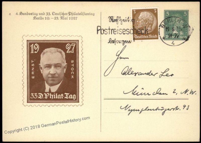 Germany 1927 33rd Philatelistentag Private Ganzsachen Postal Card Cover Us 68477