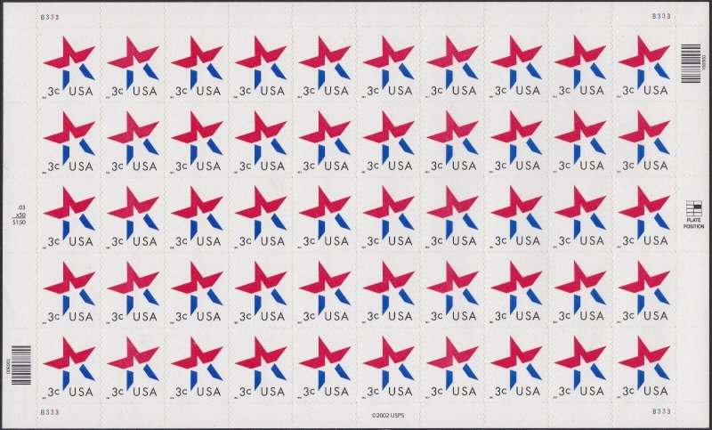 US 3613 Patriotic Star 3c sheet B333 (50 stamps) MNH 2002 