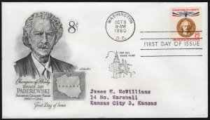 SC#1160 8¢ Ignacy J. Paderewski FDC: Artmaster (1960) Addressed