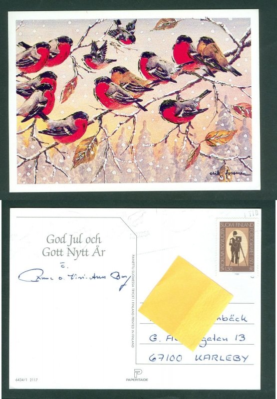 Finland. 1989 Christmas Card. Winter Birds. Art: Erik Fossman  Sc# 788. Adr.