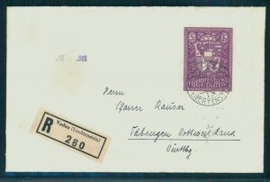 LIECHTENSTEIN, 5 Francs Coat of Arms dark violet 1935 on R-Cover TO GERMANY