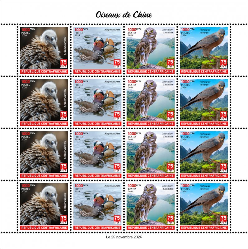 CENTRAL AFRICA 2025 M/S 16V IMPERF CHINA BIRDS OWL OWLS EAGLE DUCKS HAWK MNH-