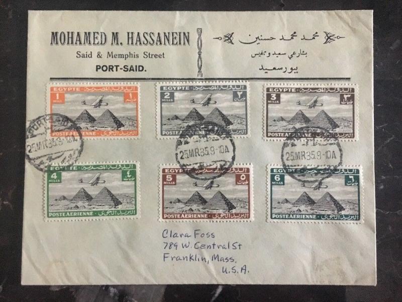 1935 Port Said Egypt Commercial Cover Franklin Ma Usa Complete Stamp Set