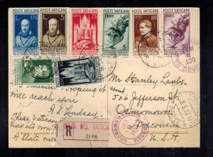 1937 Vatican airmail Registered Postcard cover to USA Multi franked