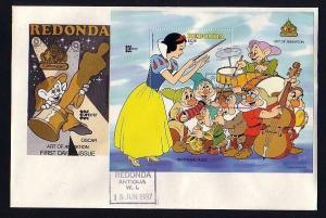 Redonda-Antigua, 1987 issue. Disney`s Snow White s/sheet. First day cover.