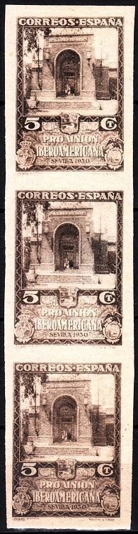 SPAIN 1930 Ibero-American Exposition. 5c Venezuela Pav. STRIP 3v #1, Imperf, MNH