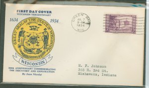 US 739 1934 3c Wisconsin Tercentennial (single) on an addressed (typed) FDC with an Oshkosh Cover Service (1st ) Cachet