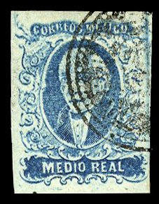 Mexico #1, 1856 1/2r blue, used, large margins including frameline at right