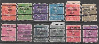 US #803-14 plus selected Prexies - Precanceled.  12 total