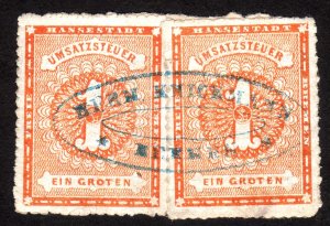 1863 Germany Bremen, 1gr, Local Revenue, Used, Rouletted pair Rare