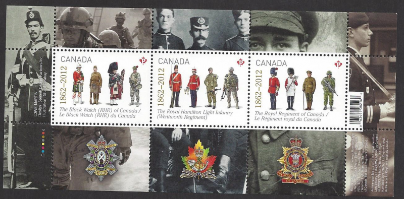 Canada #2577 MNH souvenir sheet, 150th anniv. Military Regiments, issued 2012