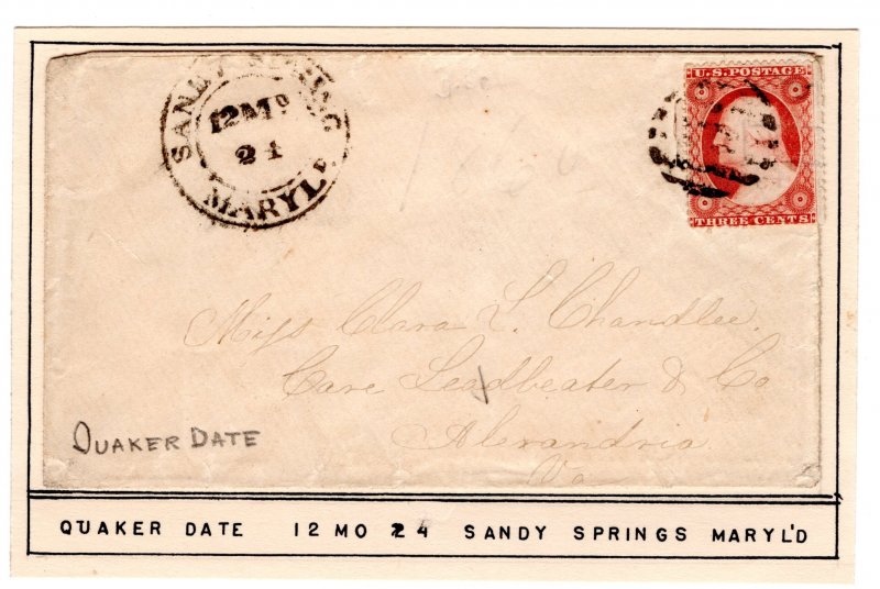 United States Scott # 26 on Quaker Date Postmarked cover - Sandy Springs MD