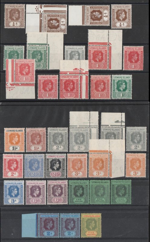 LEEWARD ISLANDS : 1938 KGVI ¼d to 5/-, plus shades & papers. 