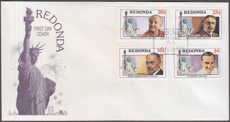 REDONDA #RED006 FDC SET of 4 DIFF IMMGRANTS to USA, STATUE of LIBERTY 100th ANN