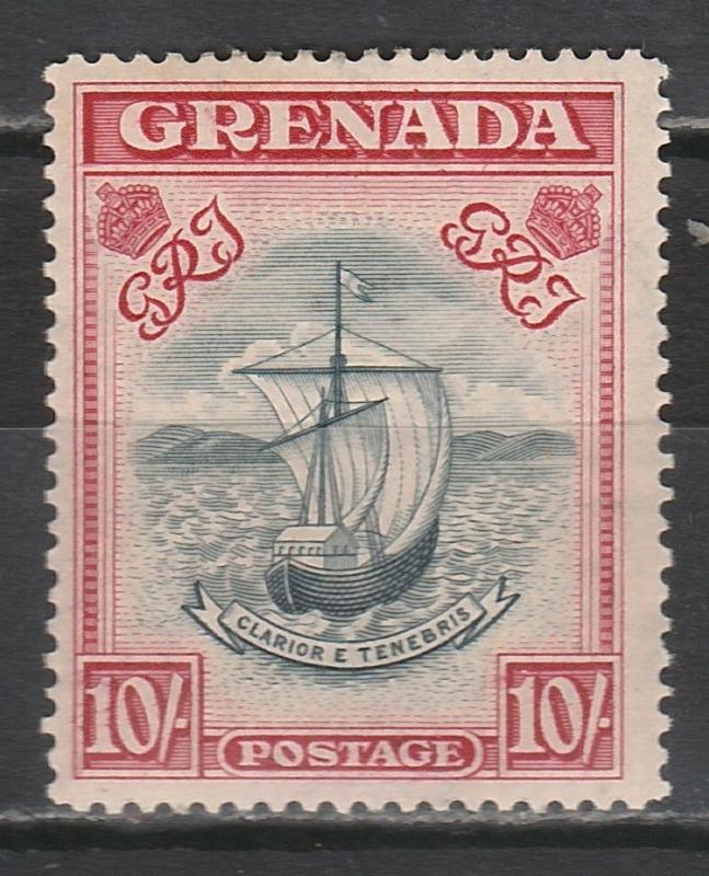 GRENADA 1938 SHIP 10/- NARROW SETTING PERF 14 BLUE AND CARMINE 