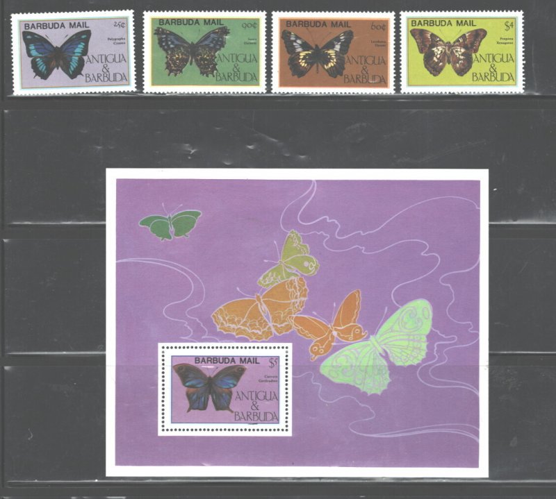 BARBUDA-MAIL OVPT. 1985 BUTTERFLIES #714 - 717 & MS#718 MNH C.V. $102.00