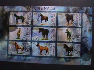 DJIBOUTI-2010-WORLD FAMOUS LOVELY HORSES CTO WITH 1ST DAY CANCEL SHEET-VF