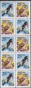 US 2285b Owl & Grosbeak 25c pane 10 MNH 1988