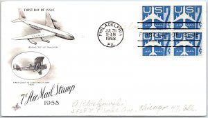 US FIRST DAY COVER BLOCK OF (4) 7c AIRMAIL JETS ON ART CRAFT CACHET 1958 (B)