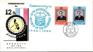 Philippines FDC 1958 - 12th Anniversary of RP - 5c/20c Stamp - Pair - F43467