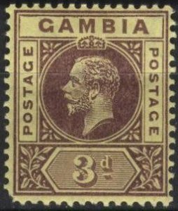 Gambia 75 (mh thin) 3p George V, vio on yel paper (1912)
