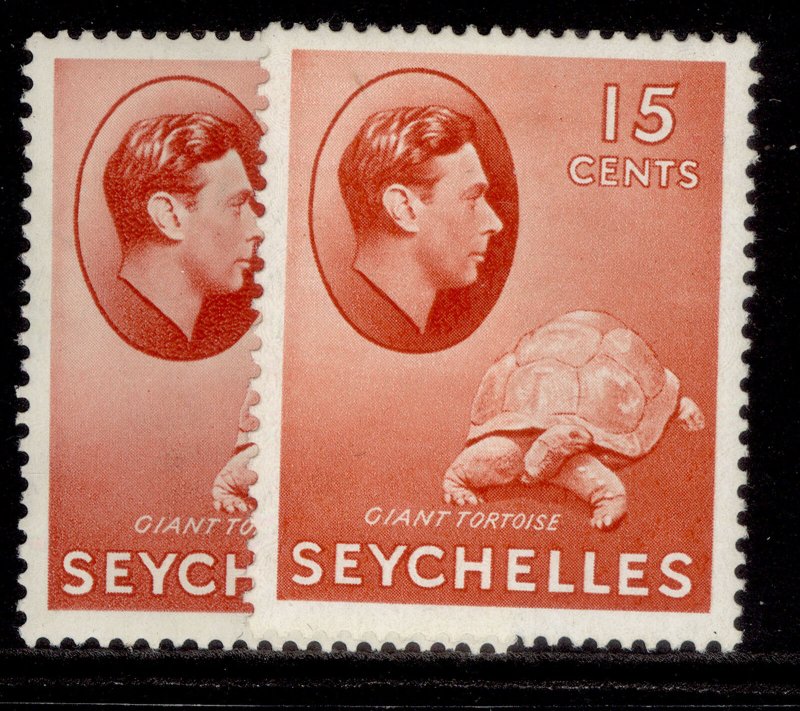 SEYCHELLES GVI SG139a + 139ab, 15c SHADE VARIETIES, M MINT. Cat £38. 