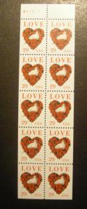 Scott 2814a, 29c LOVE Heart & Dove, UNFOLDED Pane, MNH