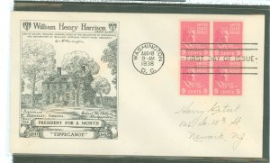 US 814 1938 9c William Henry Harrison (part of the Presidential/Prexy series) bl of 4 on an addressed FDC with an Historic Arts