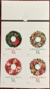 US #3248a (3245-48) MNH Booklet Pane of 4 Christmas Wreaths SCV $13.00 L42