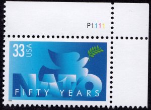 Scott #3354 NATO 50 Years Plate # Single Stamp - MNH