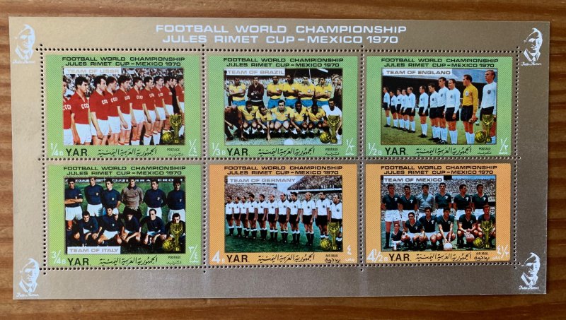 Yemen 1970 Football soccer sheetlet, MNH. Scott 276, CV $5.50. Mi 1145-1150