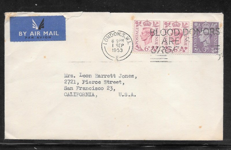 Just Fun Cover Great Britain #243 on LONDON SEP/1/1953 Airmail Cover (A1238)