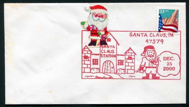 2000 Santa Claus, Indiana - Christmas Pictorial Cancel with Tied Label
