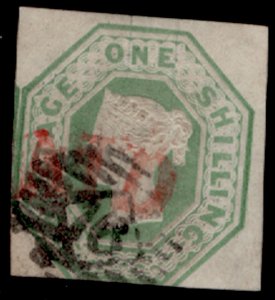 GB QV SG54, SCARCE 1s pale green CUT SQUARE, USED. Cat £1000.