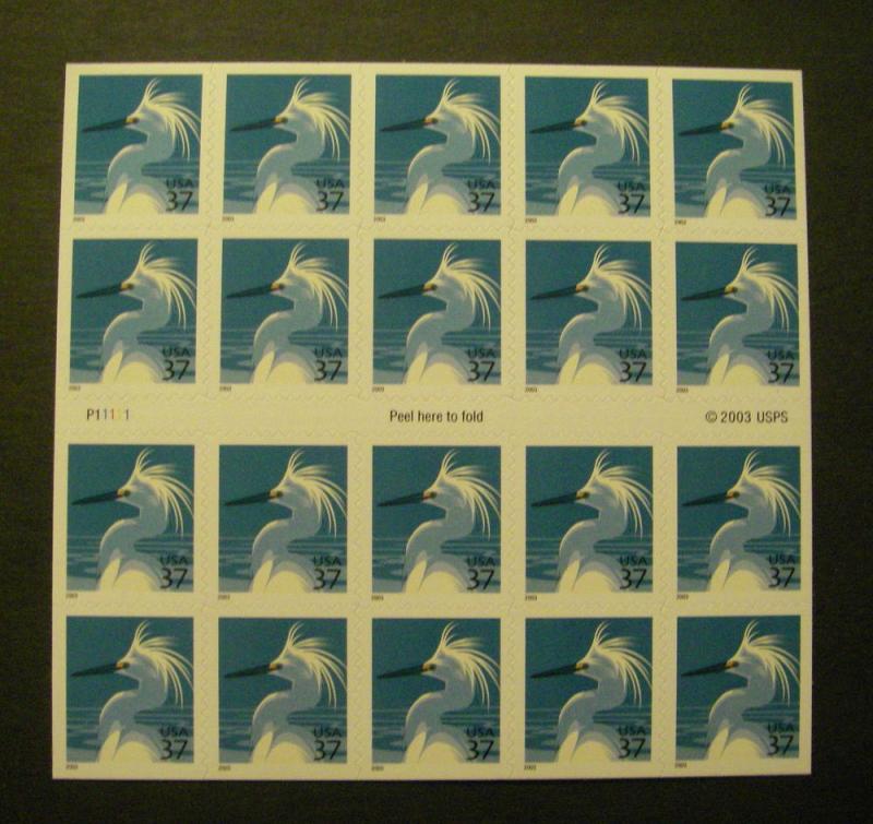 Scott 3830a, 37c Egret, Pane of 20, #P11111, MNH Beauty